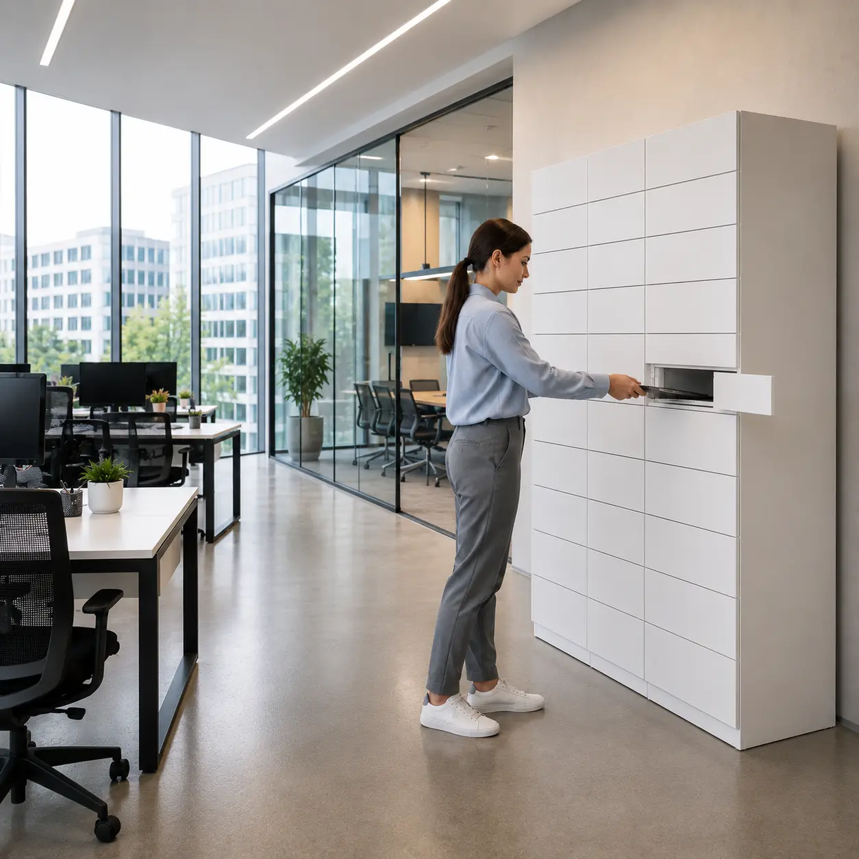An eLocker Techbar IT equipment locker bank serving an office floor
