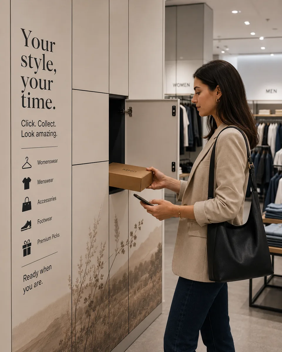 A customer collecting an order from a branded fashion click and collect locker in store