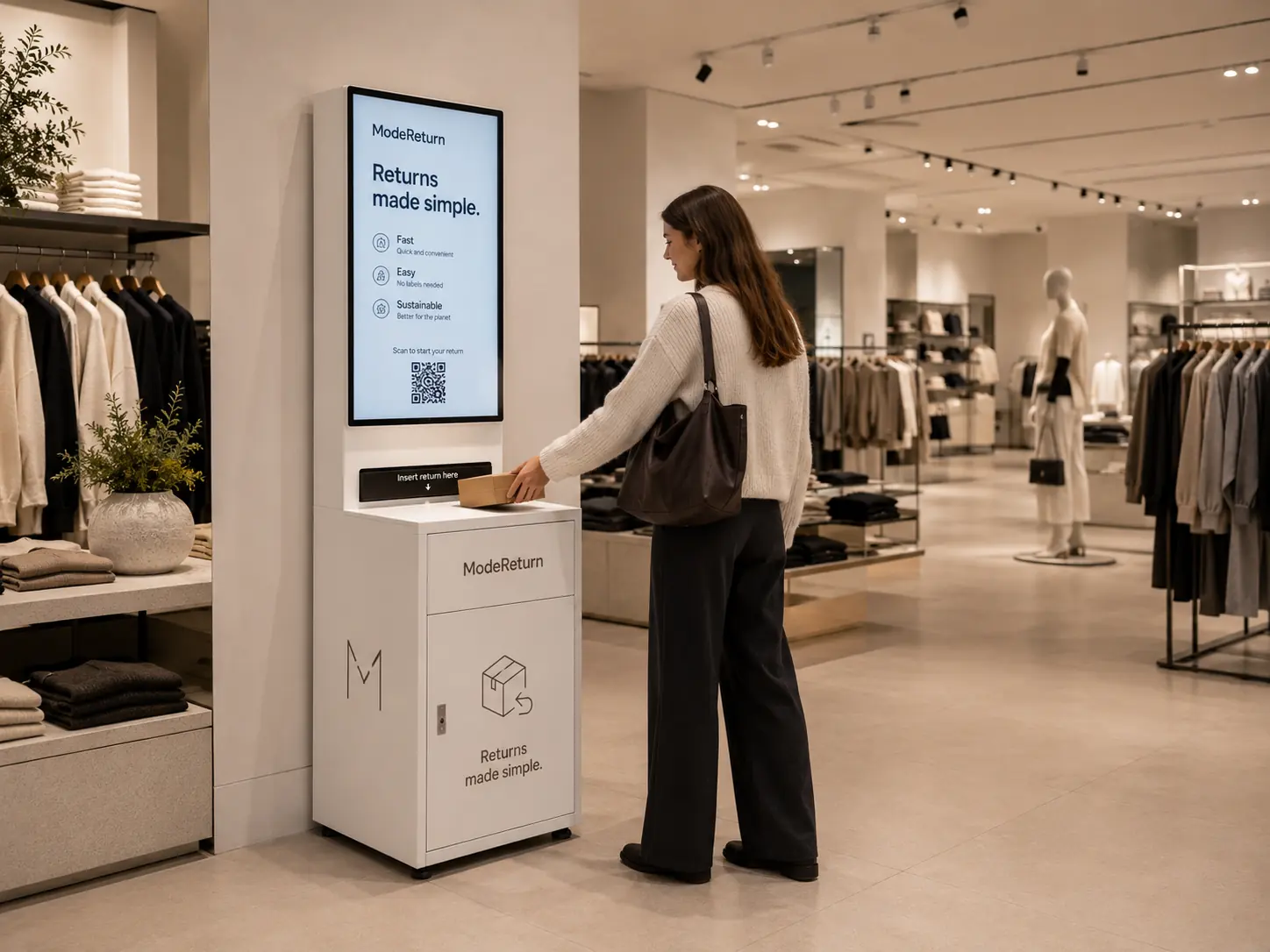 A customer dropping off a fashion return at a self-service eLocker returns dropbox in store