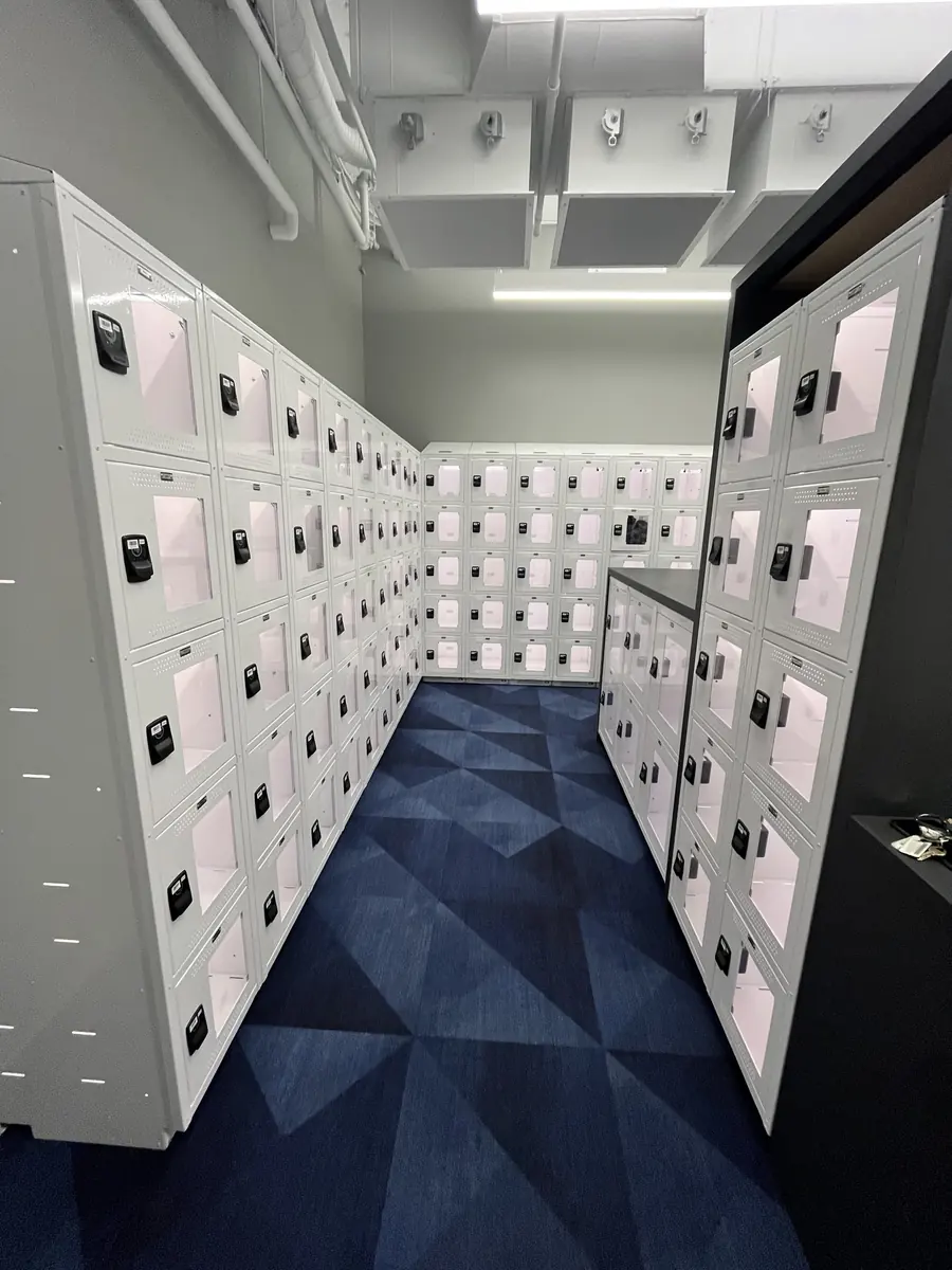 A room of eLocker IT smart lockers serving an office floor
