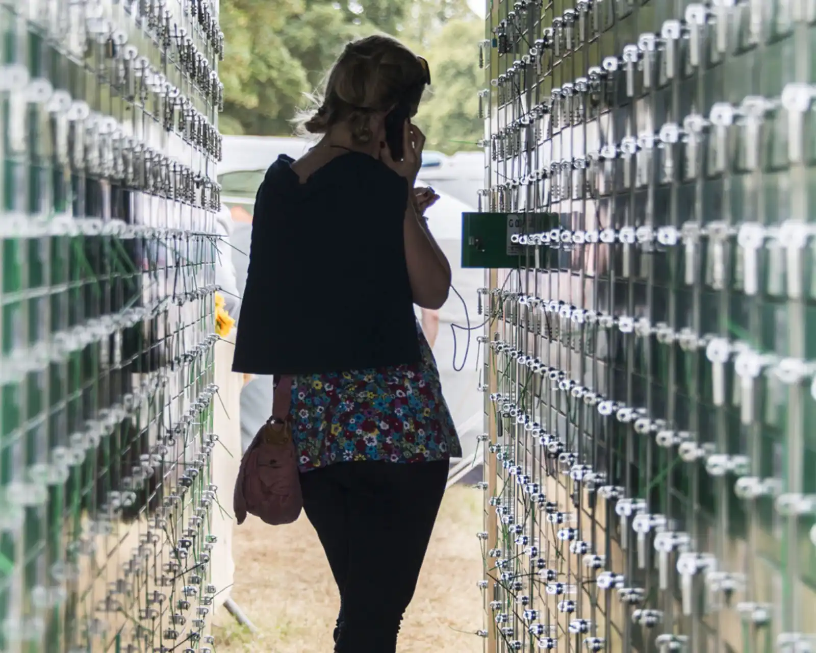 A bank of festival phone-charging lockers