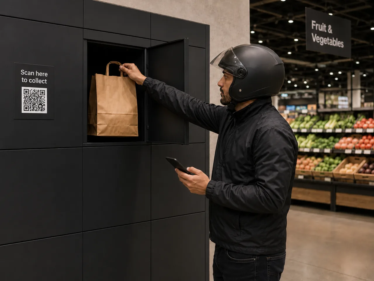 Grocery courier collecting an order from a locker