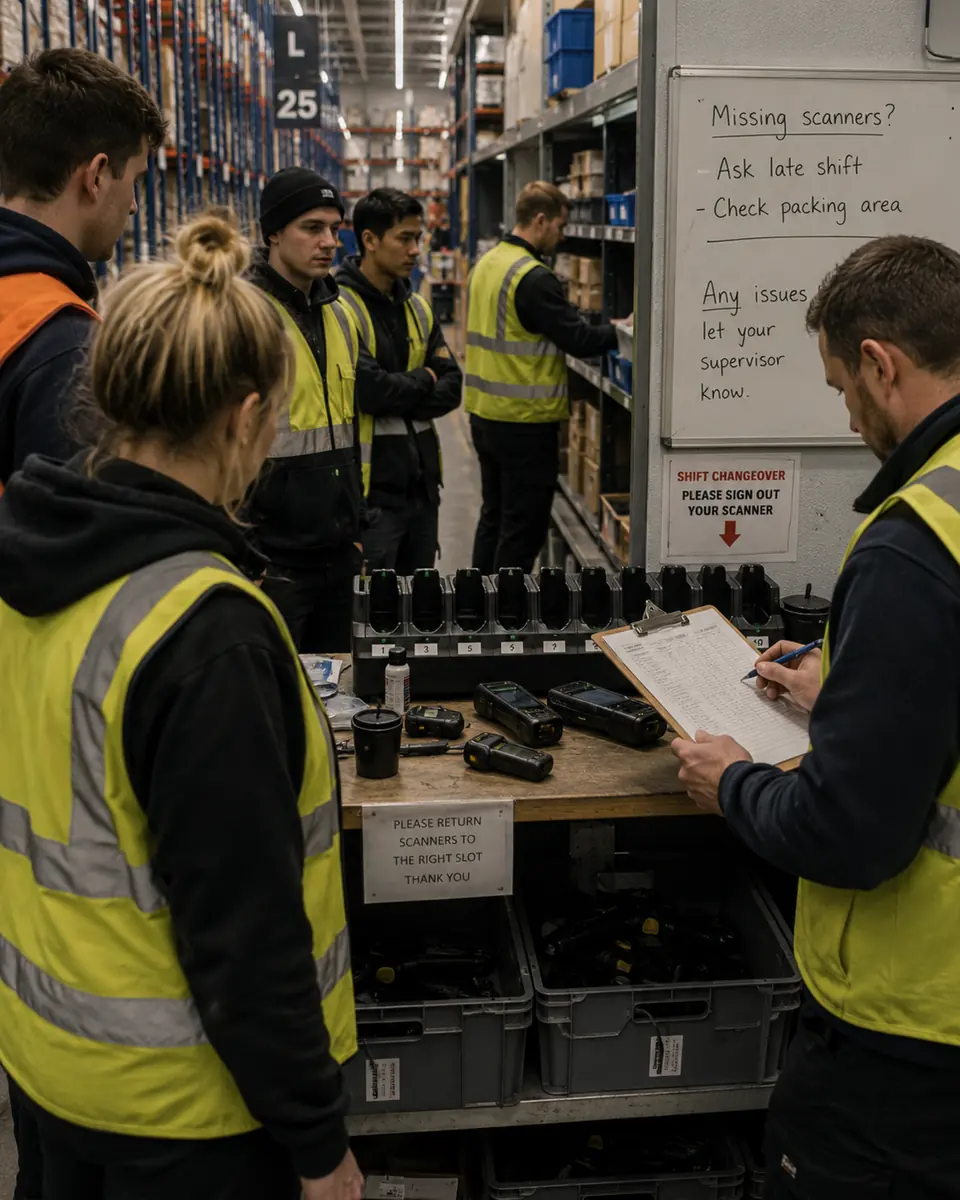 A warehouse operative collecting a device from an eLocker bank at shift start